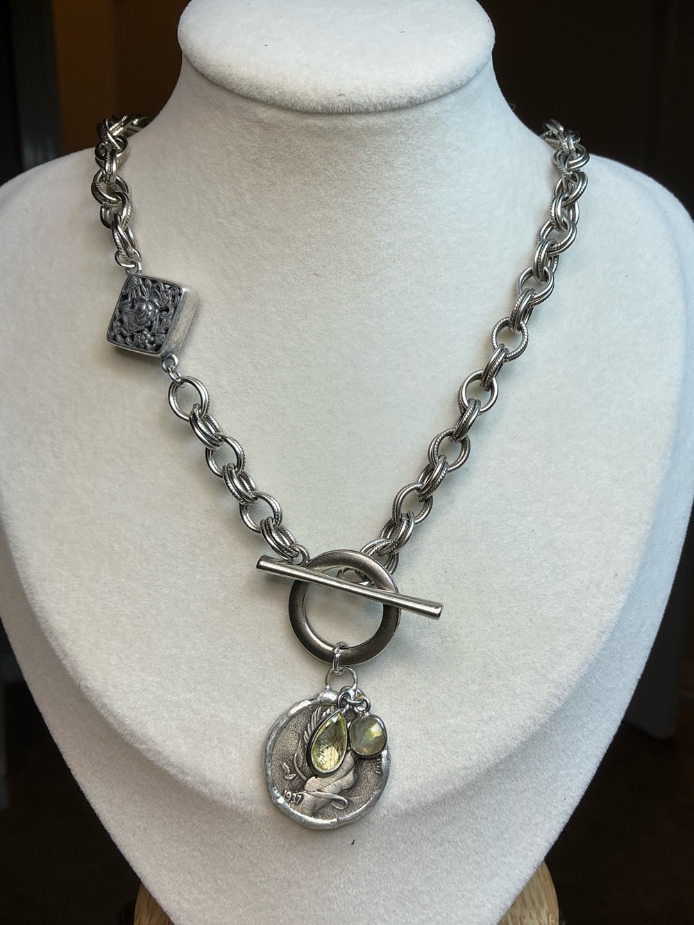 🧚 Antique Silver Fairy Coin Necklace with Lemon Quartz + Labradorite